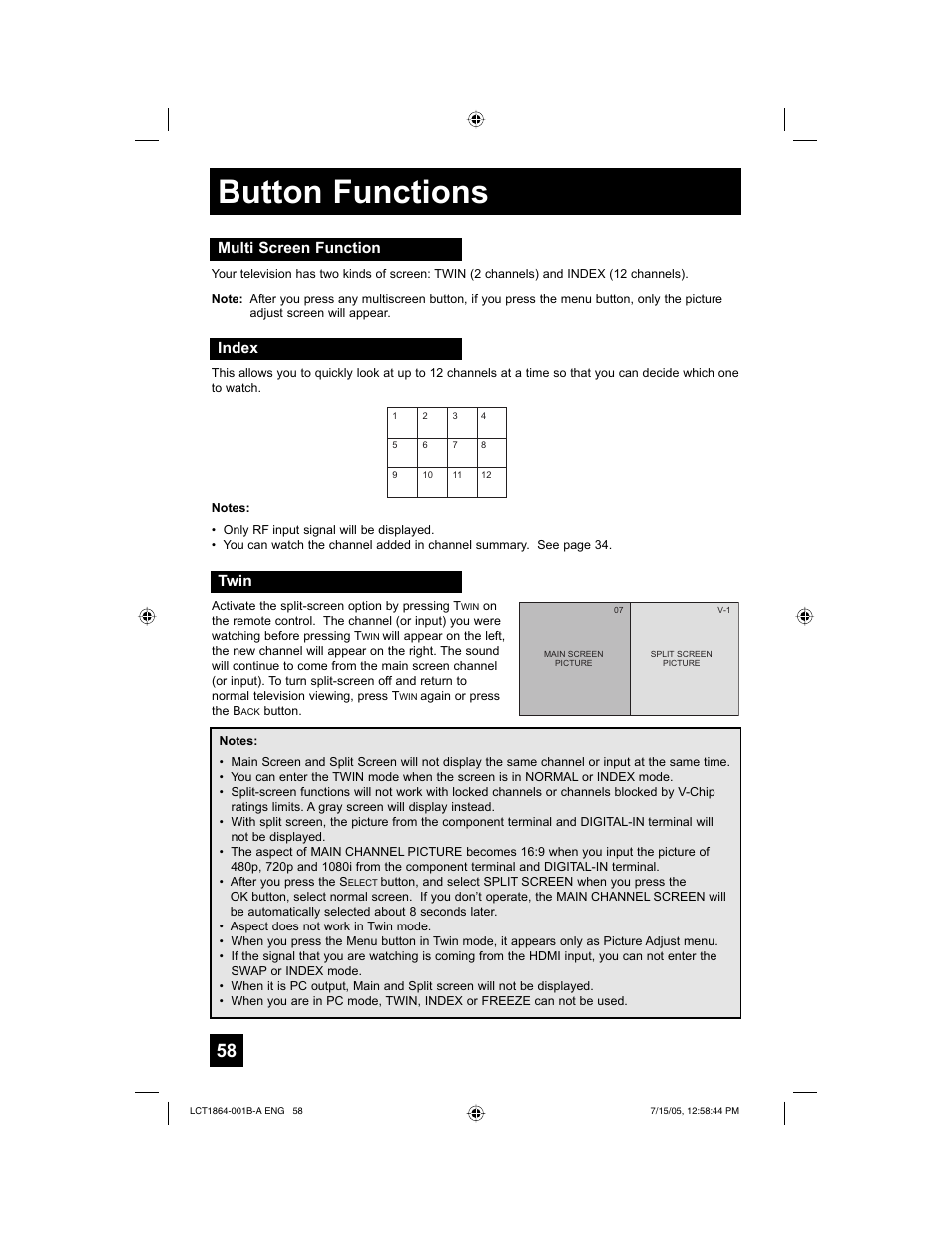 Button functions, Multi screen function, Index | Twin | JVC HD-52G566 User Manual | Page 58 / 80