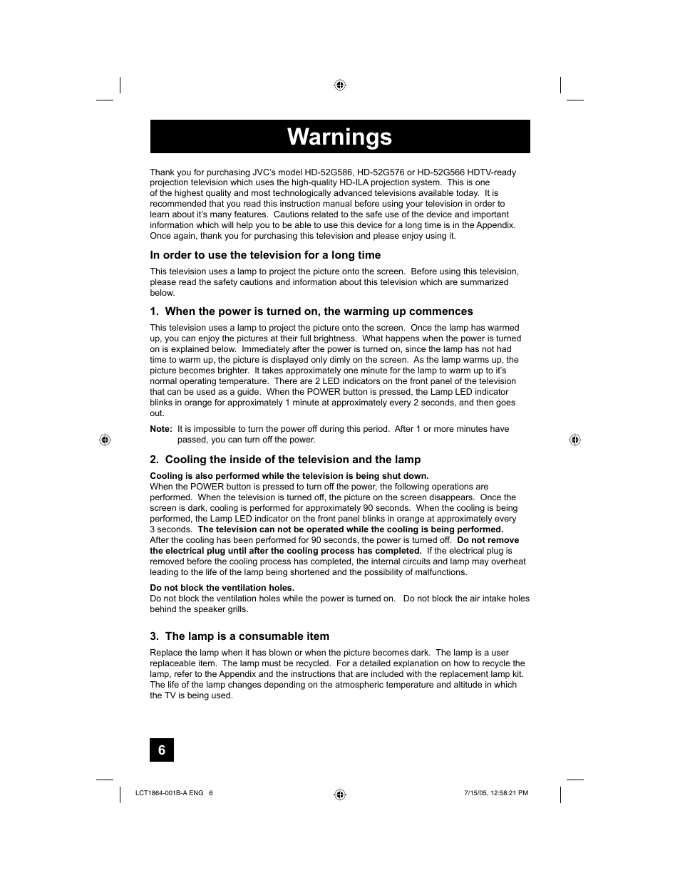 Warnings | JVC HD-52G566 User Manual | Page 6 / 80