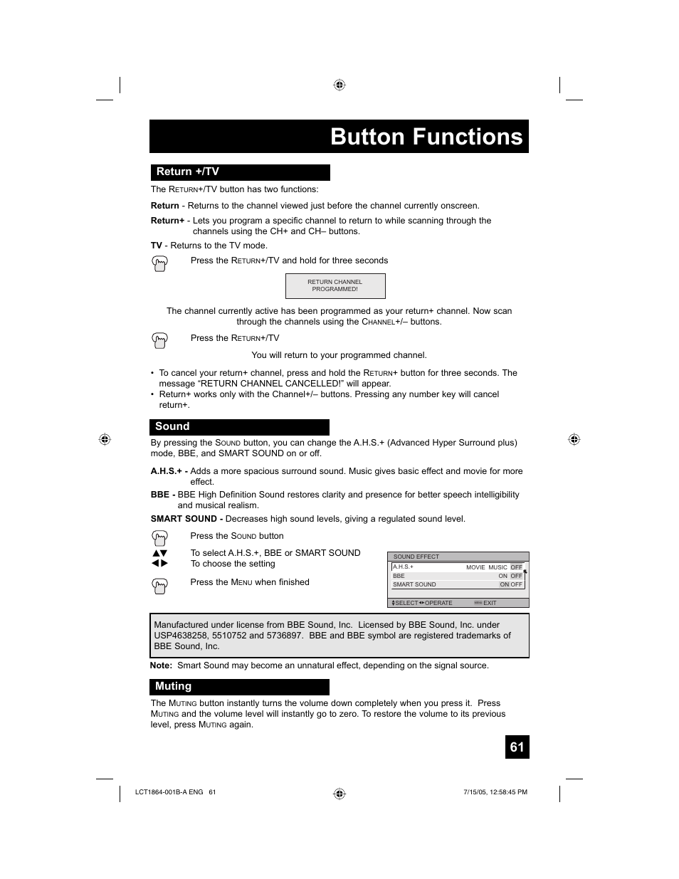 Button functions, Return +/tv, Sound | Muting | JVC HD-52G566 User Manual | Page 61 / 80