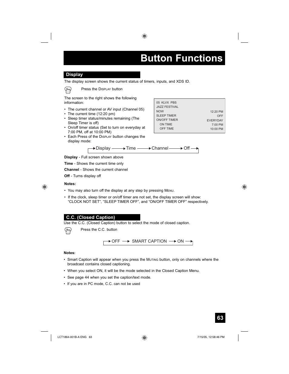 Button functions | JVC HD-52G566 User Manual | Page 63 / 80