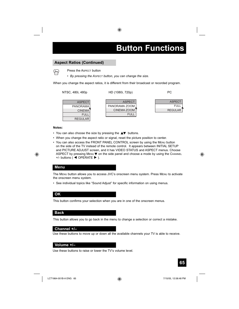 Button functions | JVC HD-52G566 User Manual | Page 65 / 80