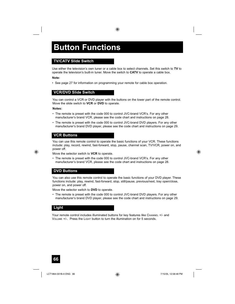 Button functions | JVC HD-52G566 User Manual | Page 66 / 80