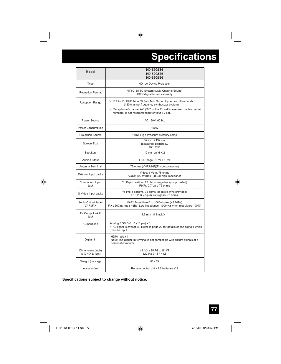 Specifications | JVC HD-52G566 User Manual | Page 77 / 80