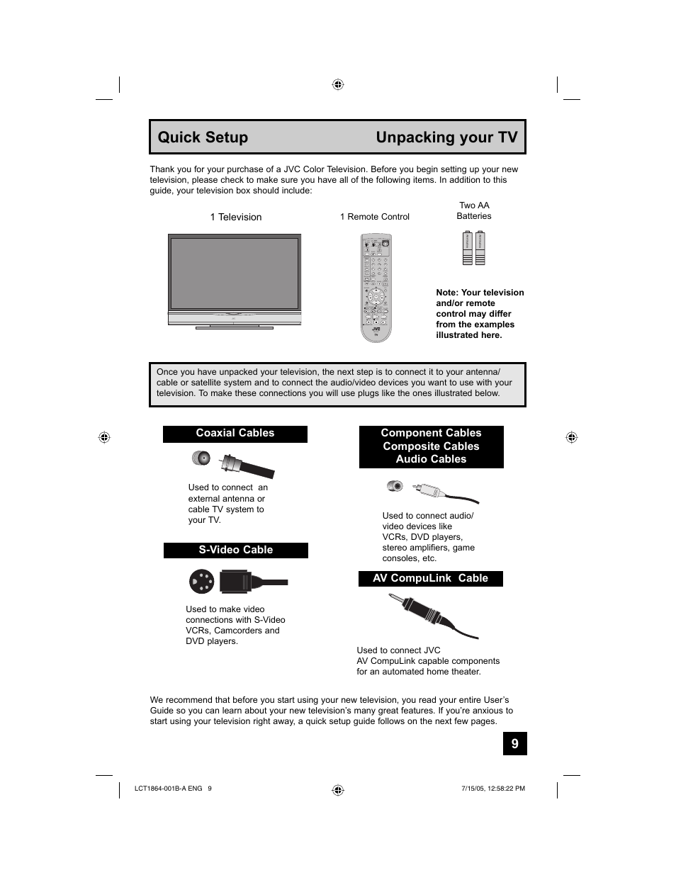 Quick setup unpacking your tv, Coaxial cables s-video cable, Component cables composite cables audio cables | Av compulink cable | JVC HD-52G566 User Manual | Page 9 / 80