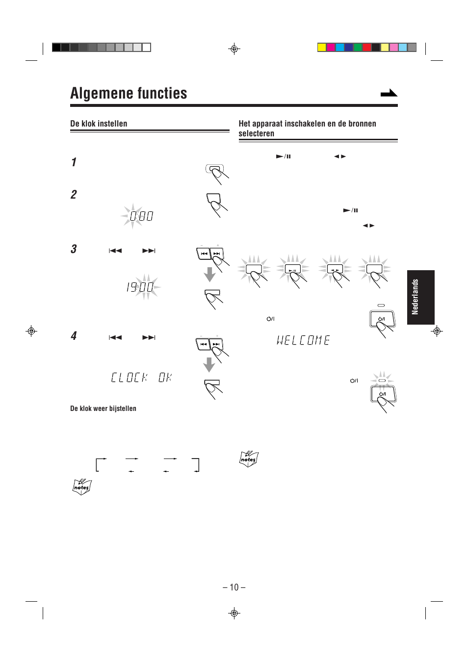Algemene functies, De klok instellen, Het apparaat inschakelen en de bronnen selecteren | JVC CA-MXJ850R User Manual | Page 15 / 36