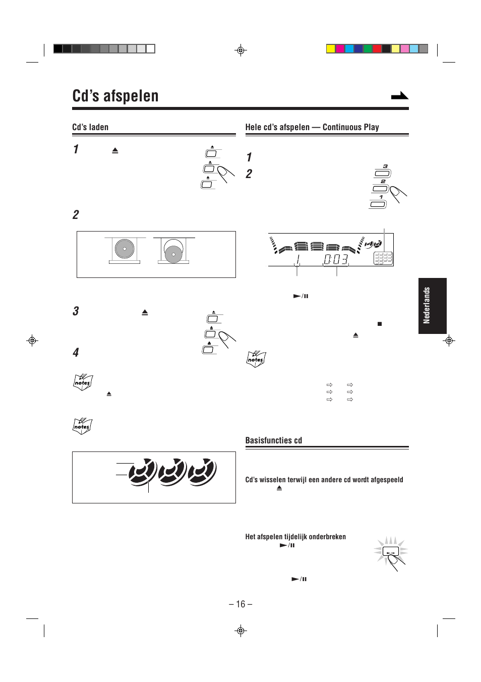 Cd’s afspelen, Cd’s laden, Hele cd’s afspelen — continuous play | Basisfuncties cd | JVC CA-MXJ850R User Manual | Page 21 / 36
