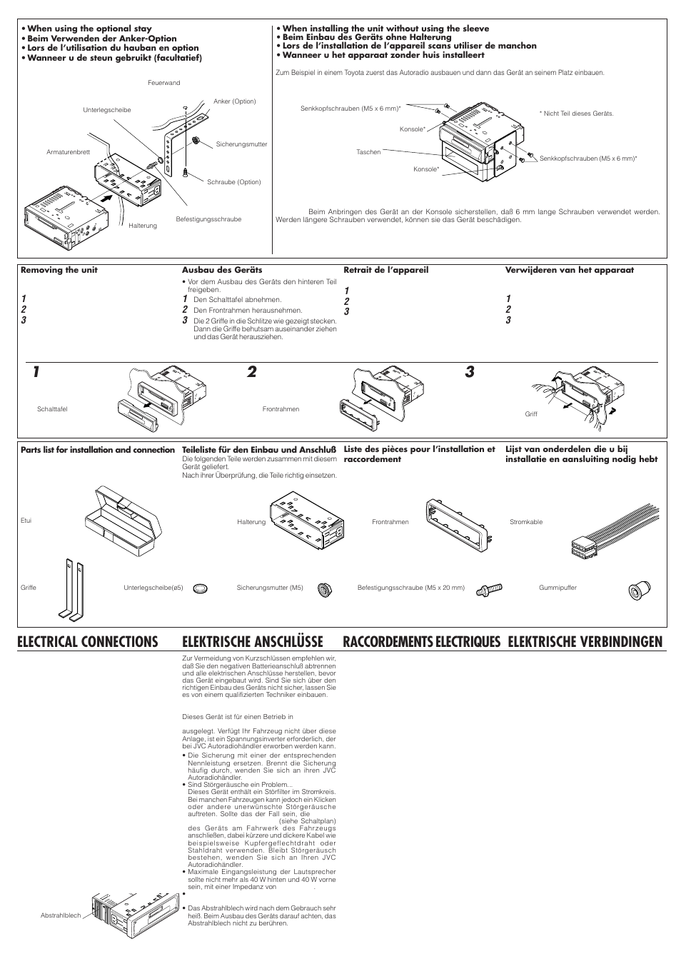 Electrical connections, Elektrische anschlusse, Raccordements electriques | Elektrische verbindingen, Elektrische anschlüsse | JVC KS-F360R User Manual | Page 2 / 4