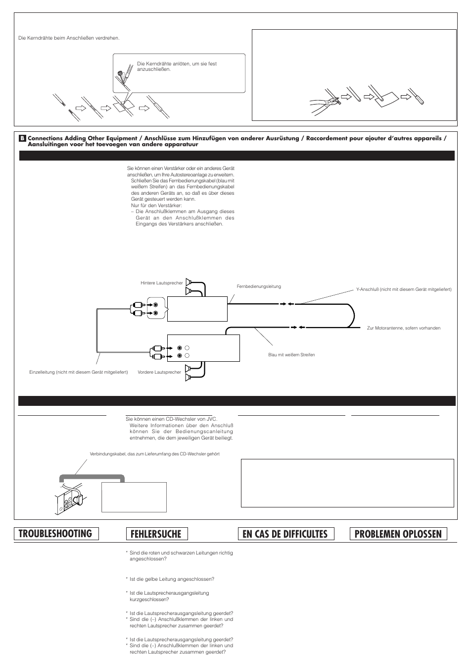 Troubleshooting, Fehlersuche, En cas de difficultes | Problemen oplossen | JVC KS-F360R User Manual | Page 4 / 4