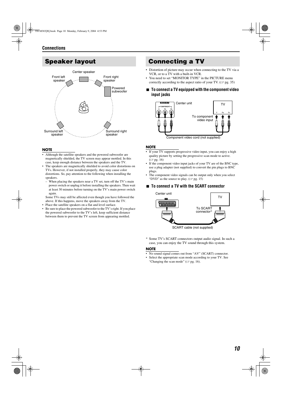 Speaker layout, Connecting a tv, Speaker layout connecting a tv | Pg. 10 | JVC XV-THM303 User Manual | Page 13 / 47