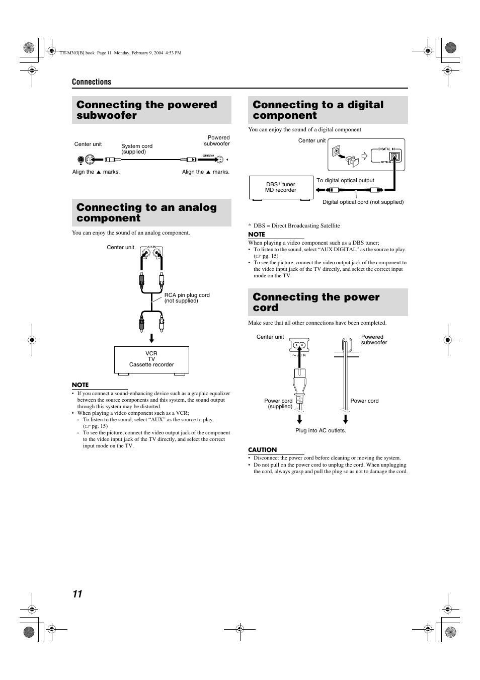 Connecting the powered subwoofer, Connecting to an analog component, Connecting to a digital component | Connecting the power cord, Pg. 11, R cord | JVC XV-THM303 User Manual | Page 14 / 47