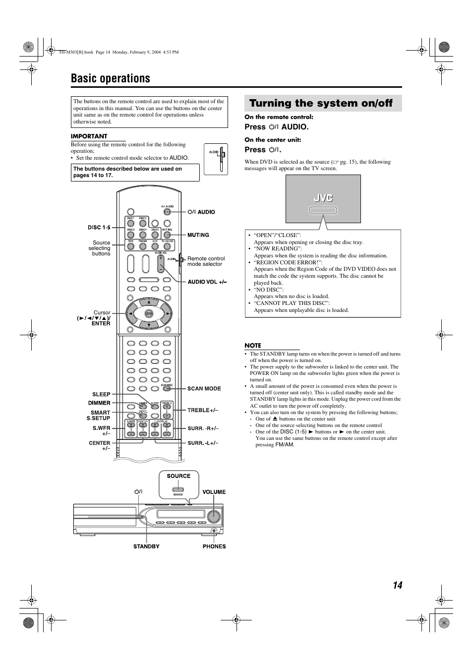 Basic operations, Turning the system on/off, Pg. 14 | Pg. 18, Press f audio, Press f | JVC XV-THM303 User Manual | Page 17 / 47