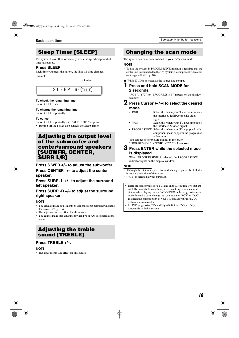 Sleep timer [sleep, Adjusting the treble sound [treble, Changing the scan mode | Pg. 16, A pg. 16) | JVC XV-THM303 User Manual | Page 19 / 47
