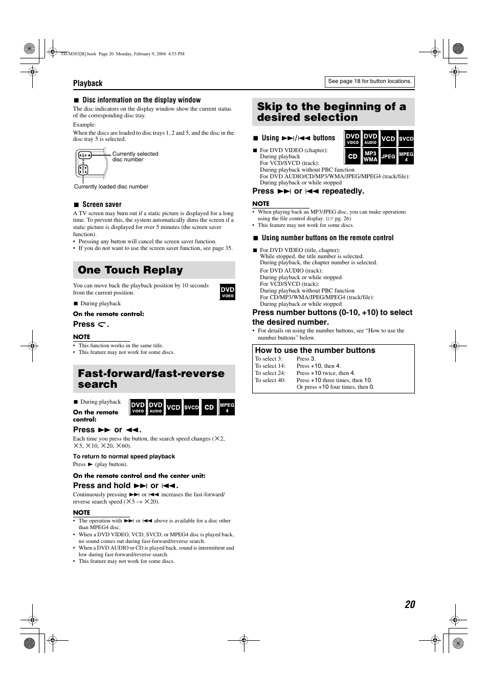 One touch replay, Fast-forward/fast-reverse search, Skip to the beginning of a desired selection | Pg. 20, Pg. 20, 38, One touch replay fast-forward/fast-reverse search | JVC XV-THM303 User Manual | Page 23 / 47