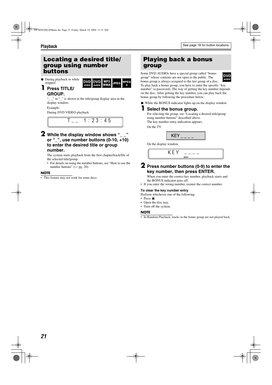 Playing back a bonus group, Pg. 21, To 21 | T : 2 3 : 4 5, K e y | JVC XV-THM303 User Manual | Page 24 / 47