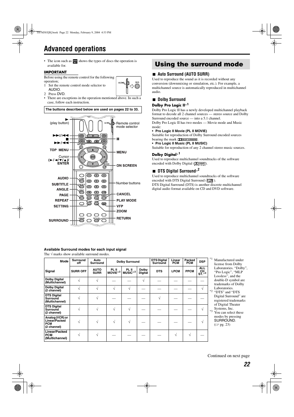 Advanced operations, Using the surround mode, Pg. 22 | A pg. 22) | JVC XV-THM303 User Manual | Page 25 / 47