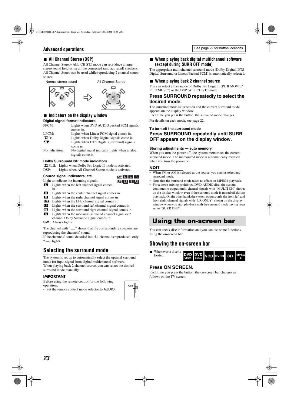 Using the on-screen bar, Pg. 23, A pg. 23) | Selecting the surround mode, Showing the on-screen bar | JVC XV-THM303 User Manual | Page 26 / 47