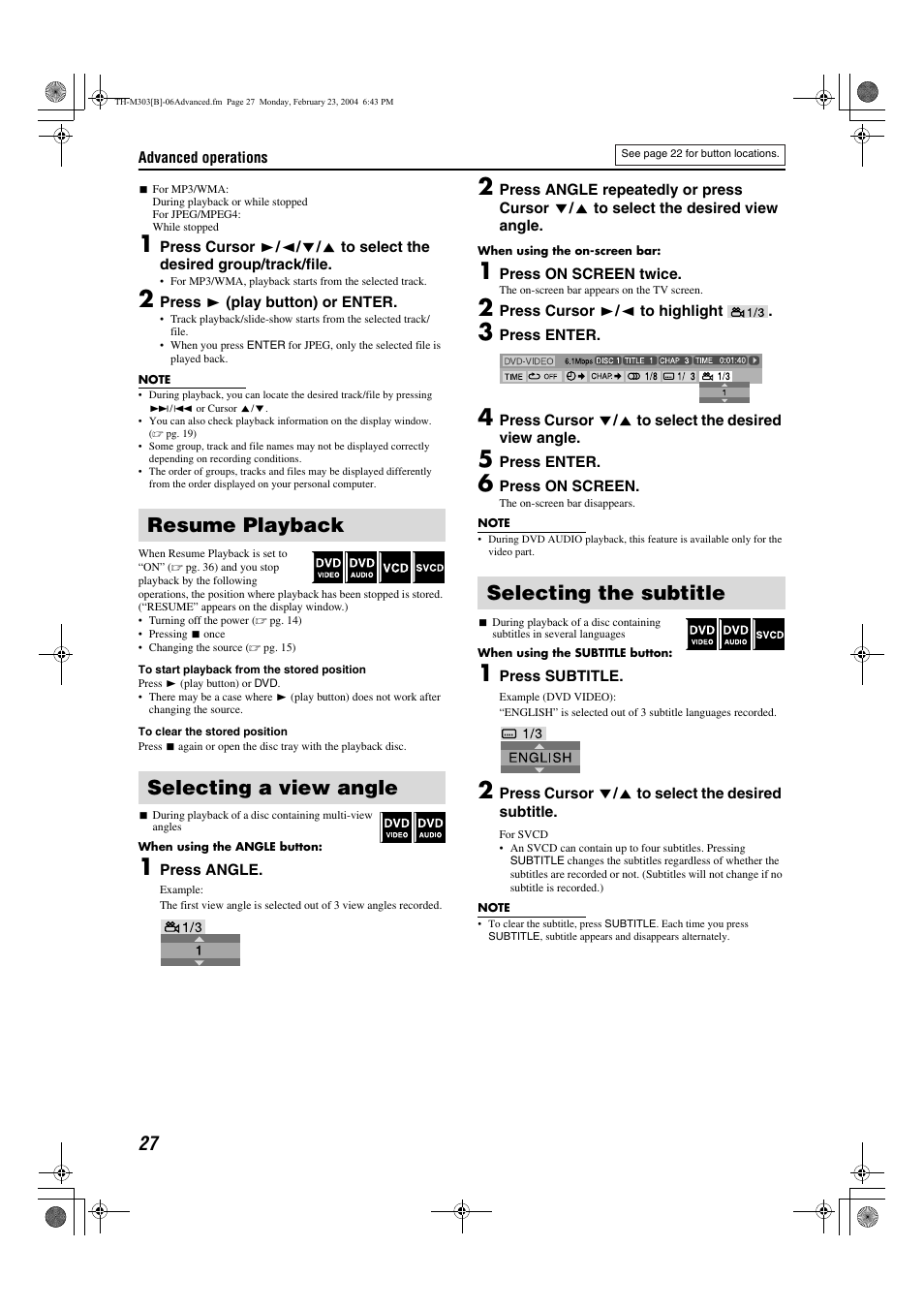 Resume playback, Selecting a view angle, Selecting the subtitle | Pg. 27, Btitle language, A pg. 27), Angle | JVC XV-THM303 User Manual | Page 30 / 47