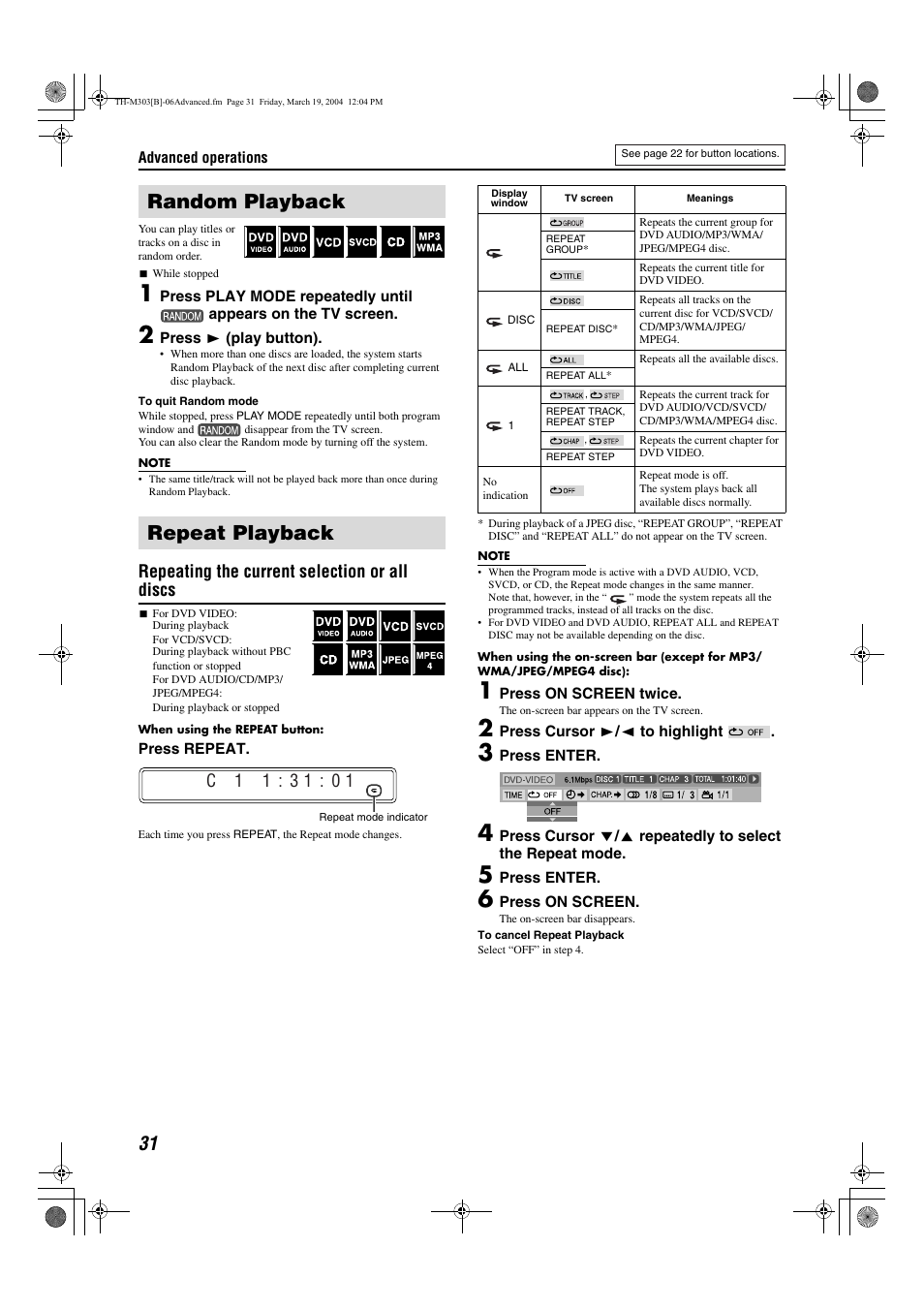 Random playback, Repeat playback, Random playback repeat playback | Pg. 31, A pg. 31), Repeat mode status, Repeating the current selection or all discs | JVC XV-THM303 User Manual | Page 34 / 47