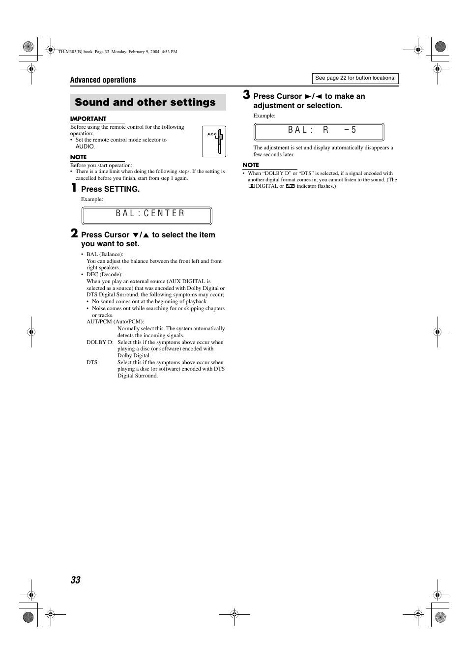 Sound and other settings, Pg. 33 | JVC XV-THM303 User Manual | Page 36 / 47