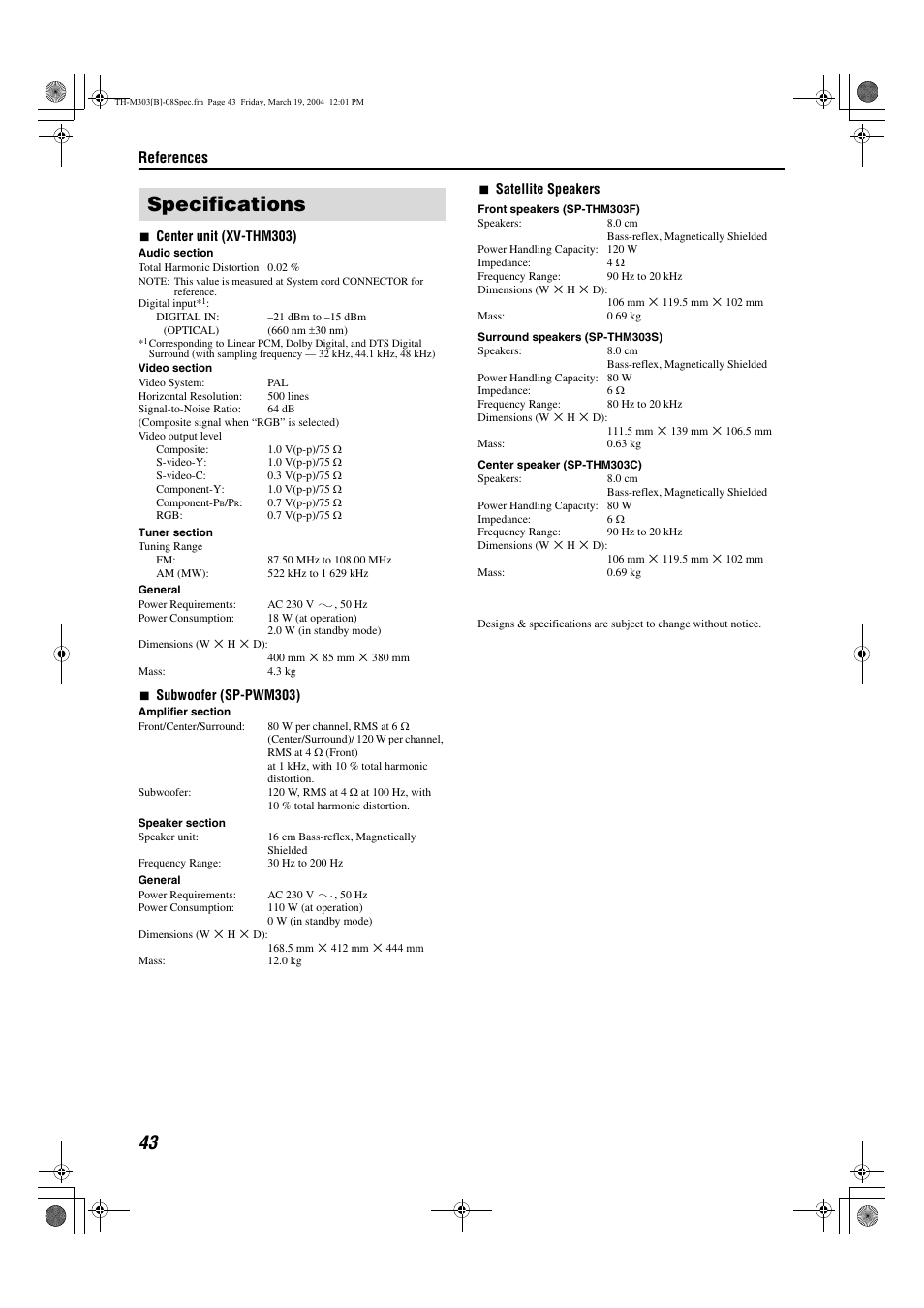 Specifications, References | JVC XV-THM303 User Manual | Page 46 / 47