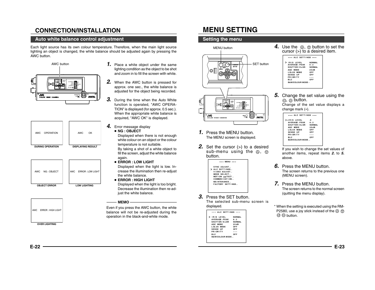 Menu setting, Connection/installation, E-22 | Auto white balance control adjustment, E-23, Setting the menu, Press the menu button, Press the set button, Change the set value using the , button, The menu screen is displayed | JVC TK-C1431 User Manual | Page 12 / 22