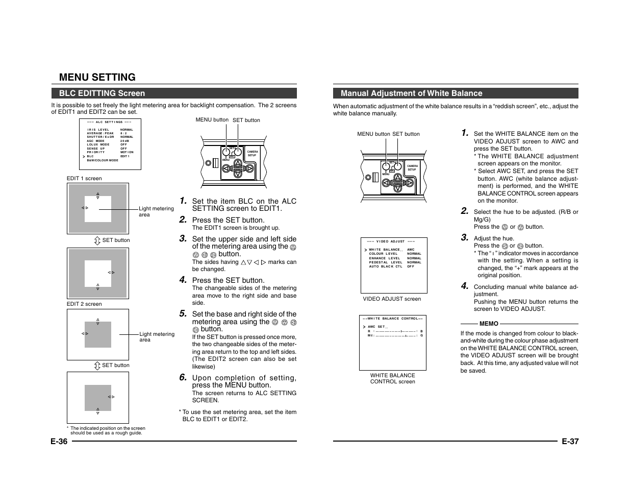 Menu setting, E-36 blc editting screen, E-37 manual adjustment of white balance | Press the set button, Upon completion of setting, press the menu button | JVC TK-C1431 User Manual | Page 19 / 22