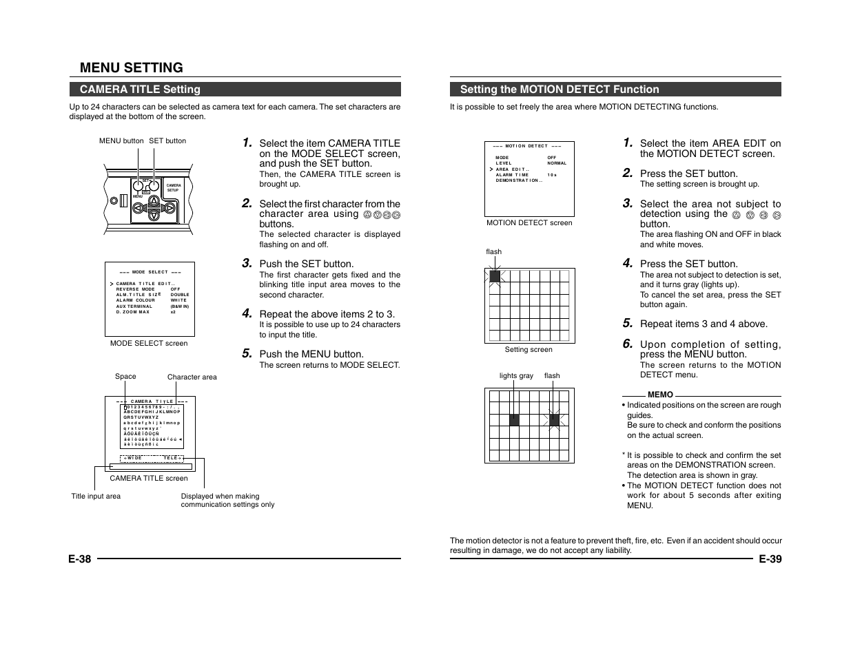 Menu setting, E-38, Camera title setting | E-39 setting the motion detect function, Push the set button, Repeat the above items 2 to 3, Push the menu button, Press the set button, Repeat items 3 and 4 above, Upon completion of setting, press the menu button | JVC TK-C1431 User Manual | Page 20 / 22