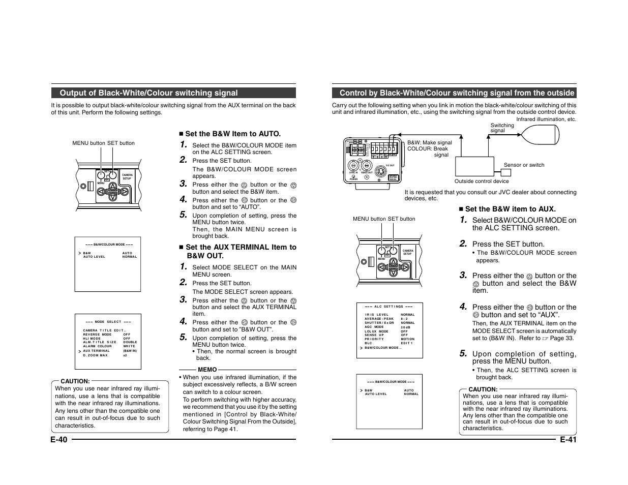 Dc12v ac24v, Ab c d, E-40 | Output of black-white/colour switching signal, Set the b&w item to auto, Set the aux terminal item to b&w out, Set the b&w item to aux, Select b&w/colour mode on the alc setting screen, Press the set button, Upon completion of setting, press the menu button | JVC TK-C1431 User Manual | Page 21 / 22