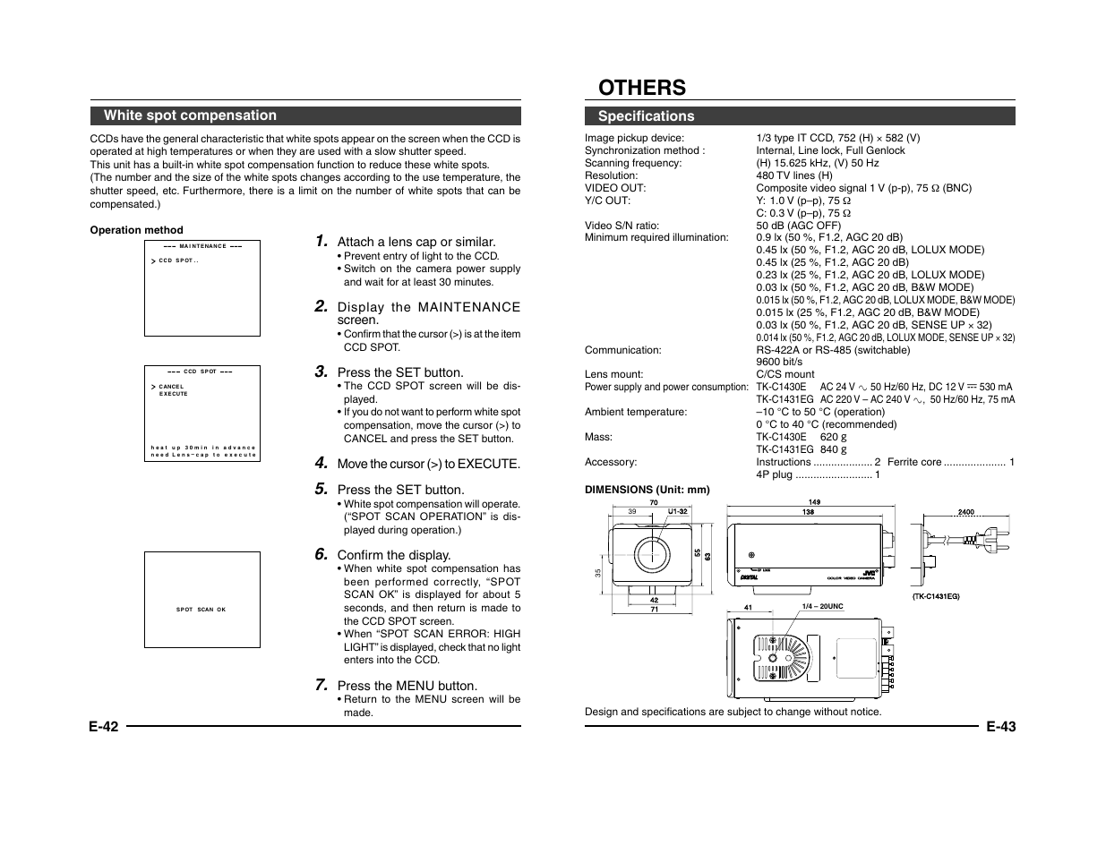 Others, E-42 white spot compensation, E-43 | Specifications | JVC TK-C1431 User Manual | Page 22 / 22