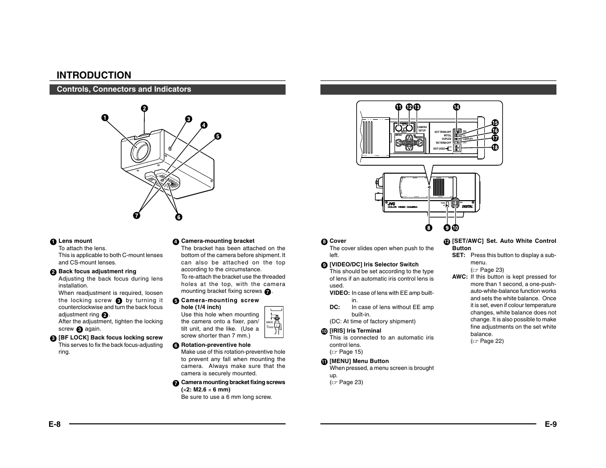 Introduction, Controls, connectors and indicators e-9 | JVC TK-C1431 User Manual | Page 5 / 22