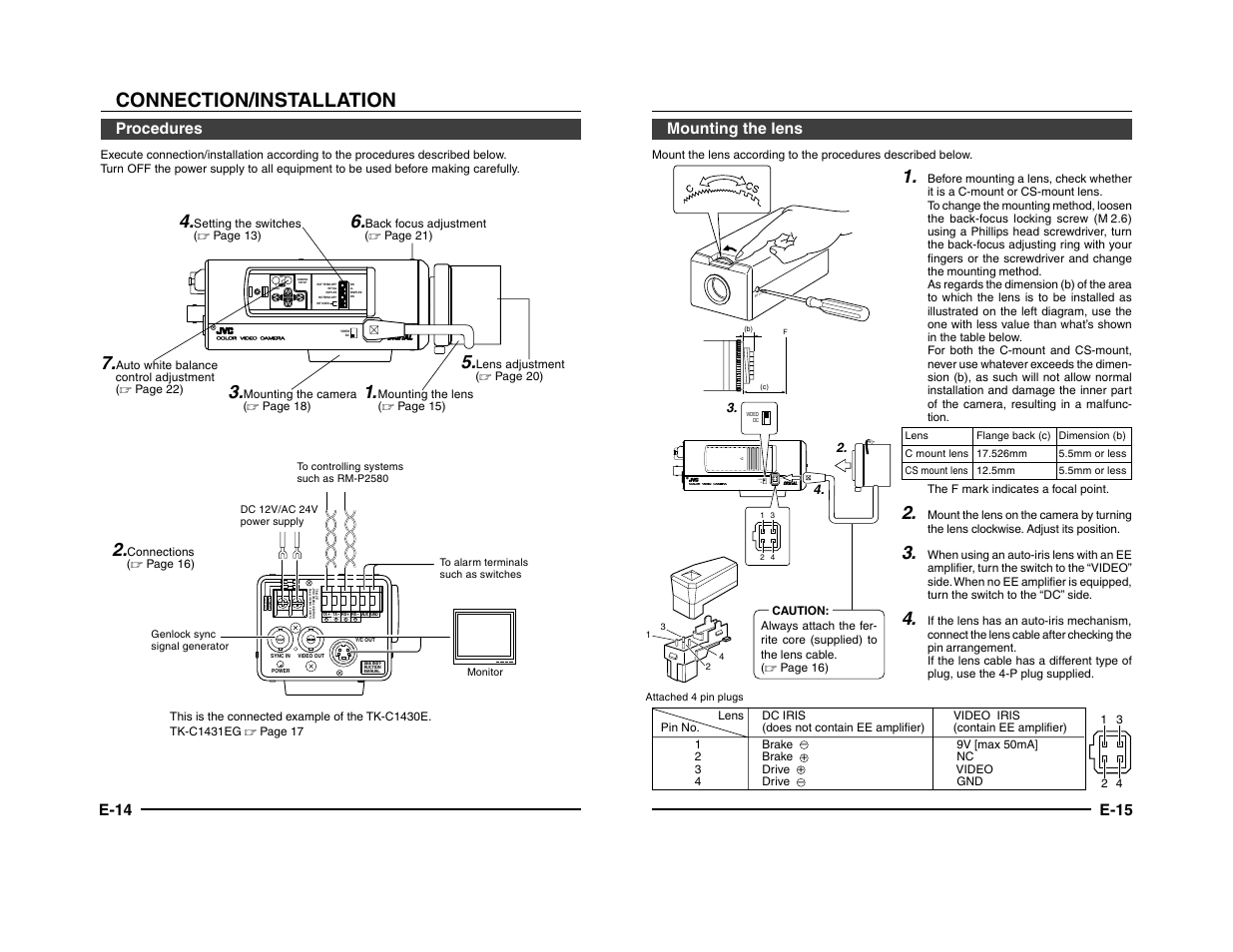 Connection/installation, Video dc iris, E-14 | Procedures, E-15 mounting the lens | JVC TK-C1431 User Manual | Page 8 / 22