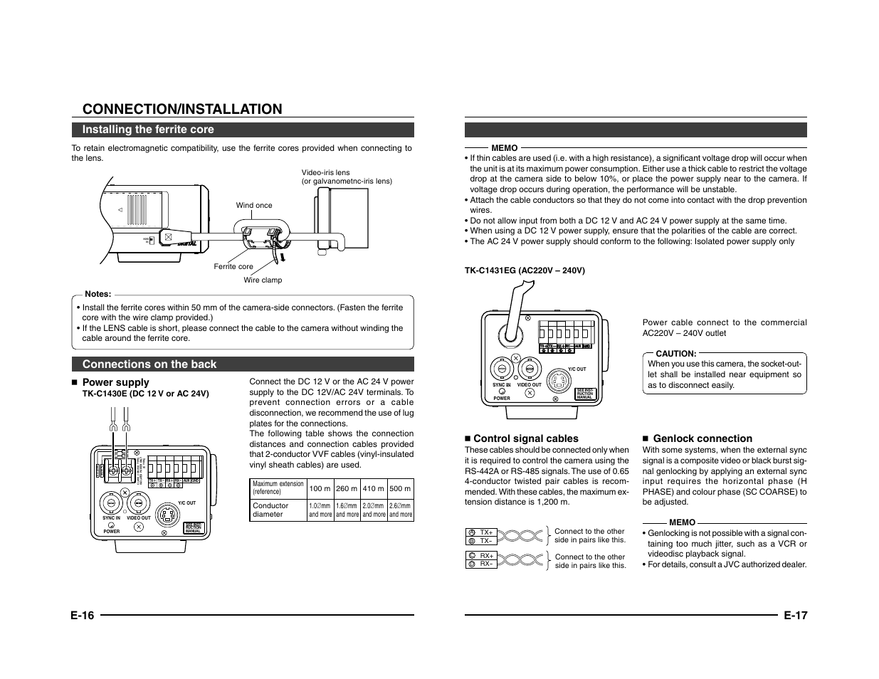 Connection/installation, E-16, Connections on the back | Installing the ferrite core, E-17, Power supply, Control signal cables, Genlock connection | JVC TK-C1431 User Manual | Page 9 / 22