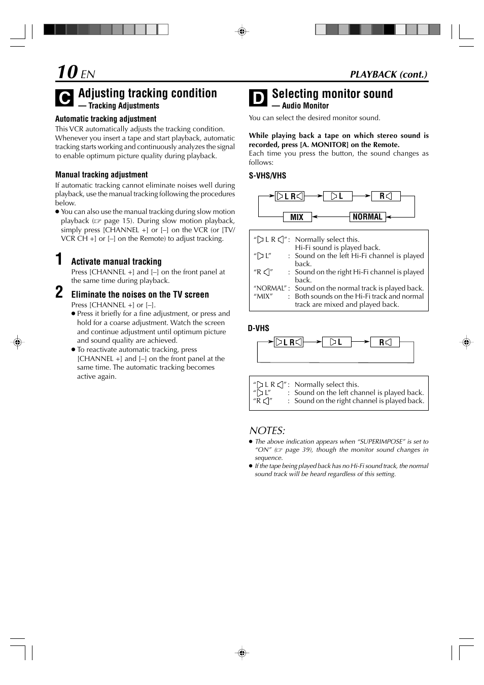 Selecting monitor sound, Adjusting tracking condition | JVC SR-VD400E User Manual | Page 10 / 60