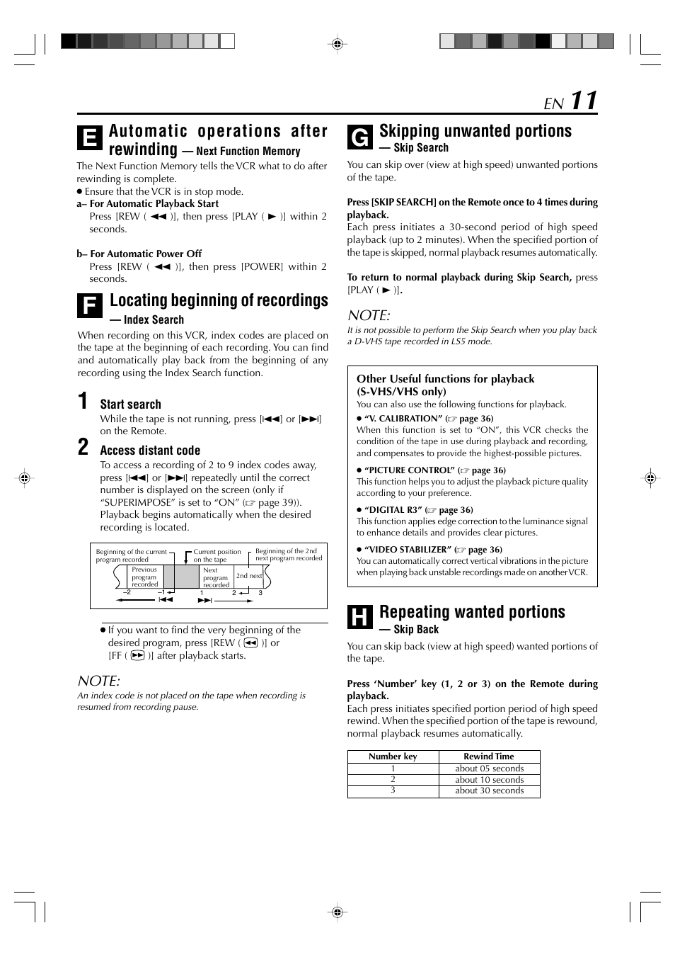Locating beginning of recordings, Skipping unwanted portions, Repeating wanted portions | Automatic operations after rewinding | JVC SR-VD400E User Manual | Page 11 / 60