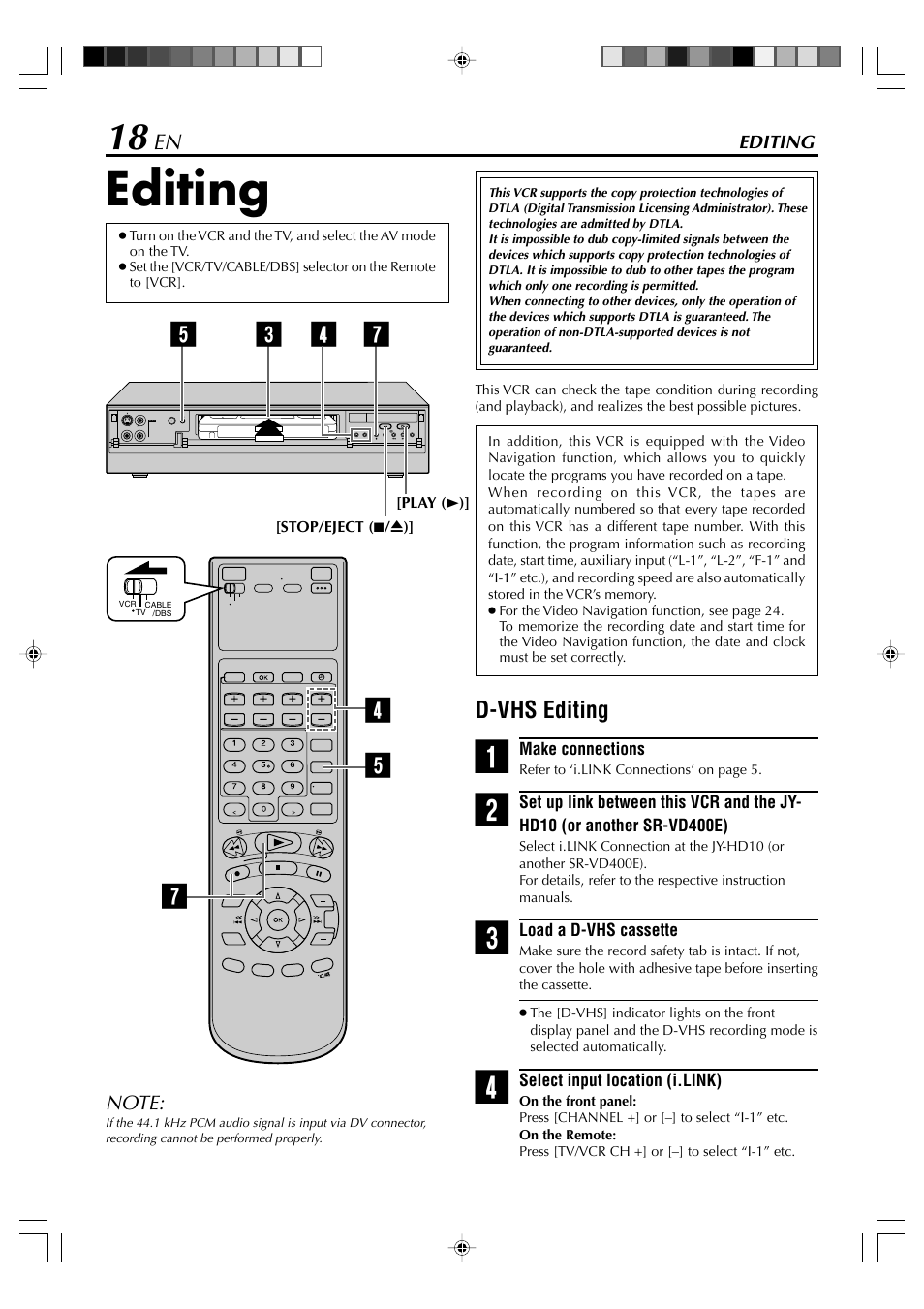 Editing, D-vhs editing | JVC SR-VD400E User Manual | Page 18 / 60