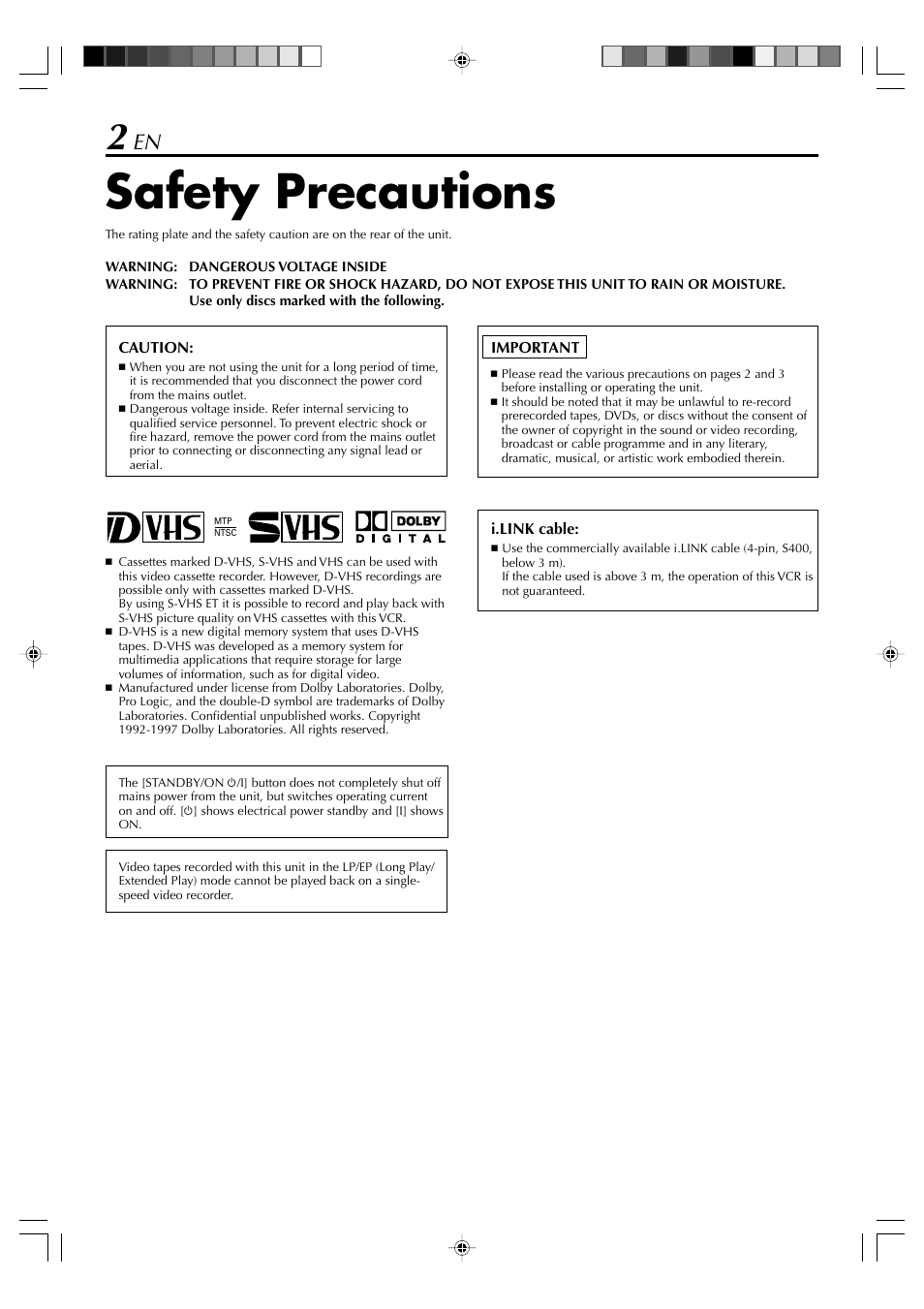 Safety precautions | JVC SR-VD400E User Manual | Page 2 / 60