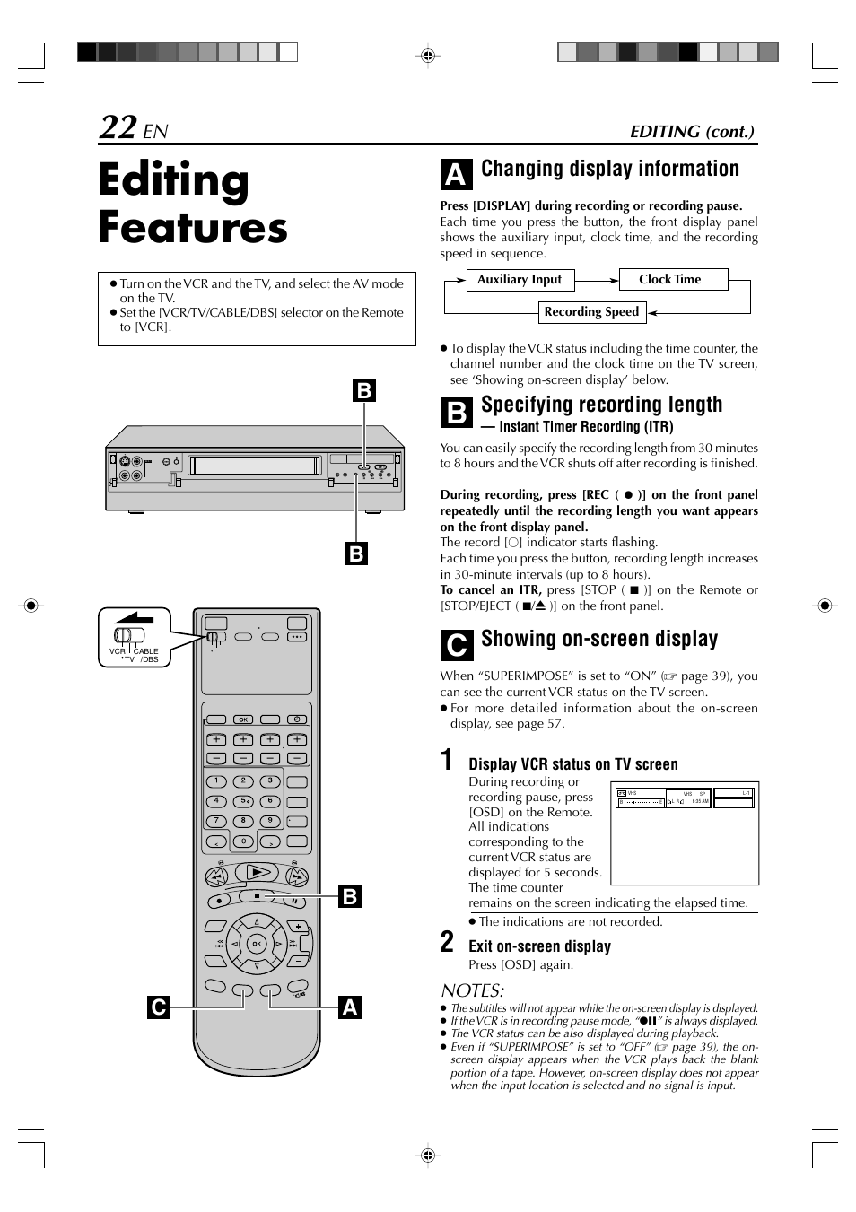 Editing features, Changing display information, Ac b | Specifying recording length, Showing on-screen display | JVC SR-VD400E User Manual | Page 22 / 60