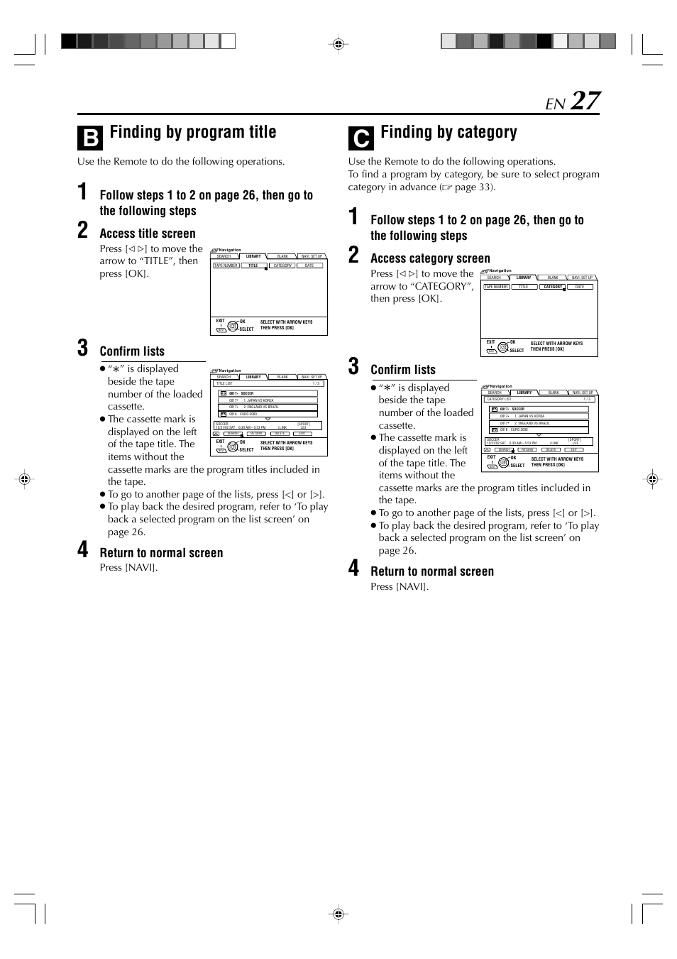 Finding by program title, Finding by category, Access title screen | Confirm lists, Return to normal screen, Access category screen | JVC SR-VD400E User Manual | Page 27 / 60