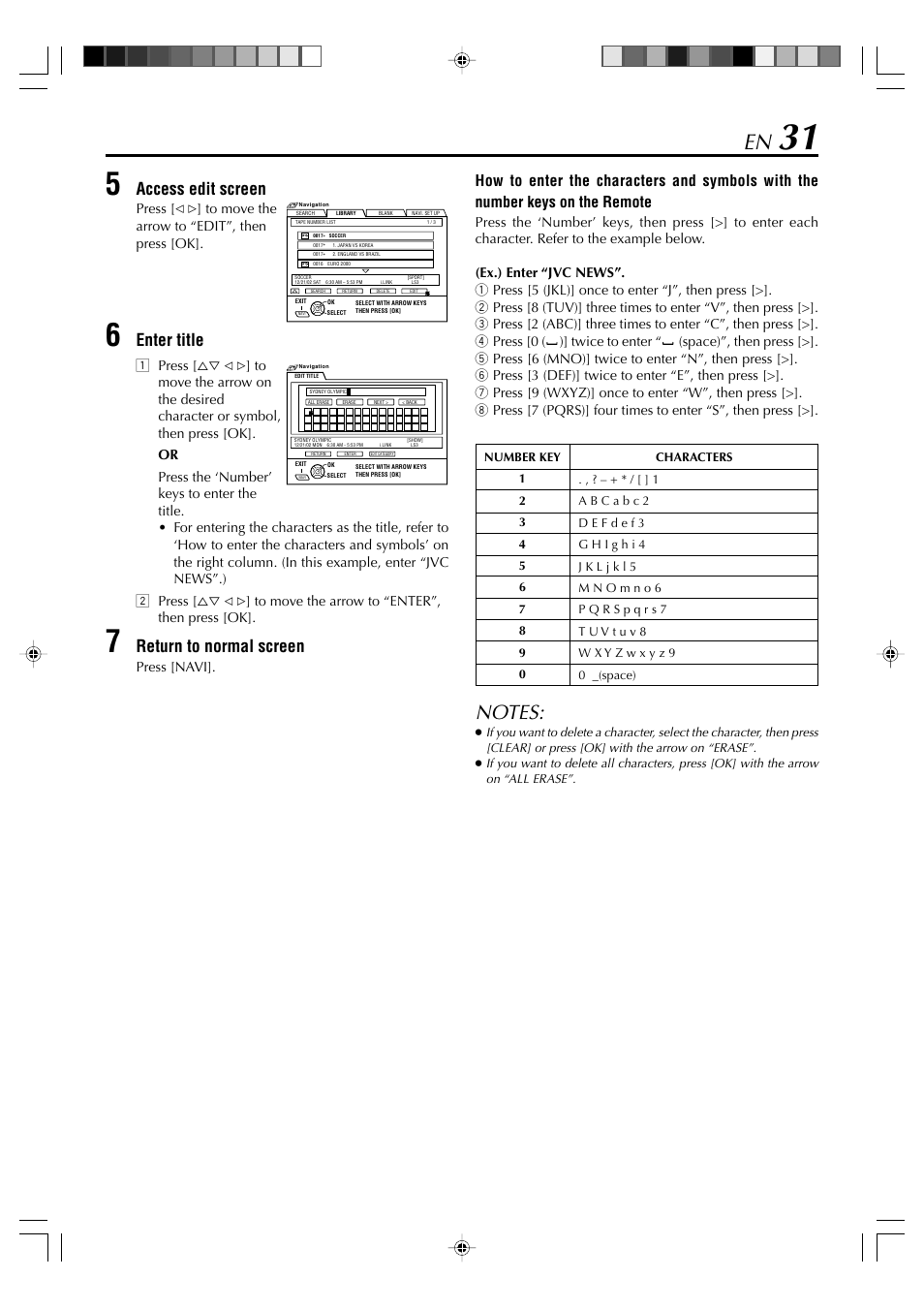 Access edit screen, Enter title, Return to normal screen | JVC SR-VD400E User Manual | Page 31 / 60