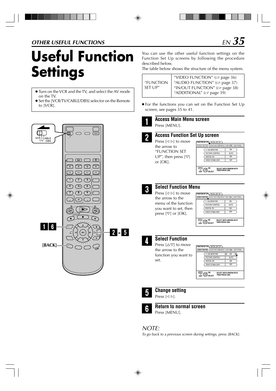 Useful function settings, Other useful functions, Access main menu screen | Access function set up screen, Select function menu, Select function, Change setting, Return to normal screen, Back | JVC SR-VD400E User Manual | Page 35 / 60