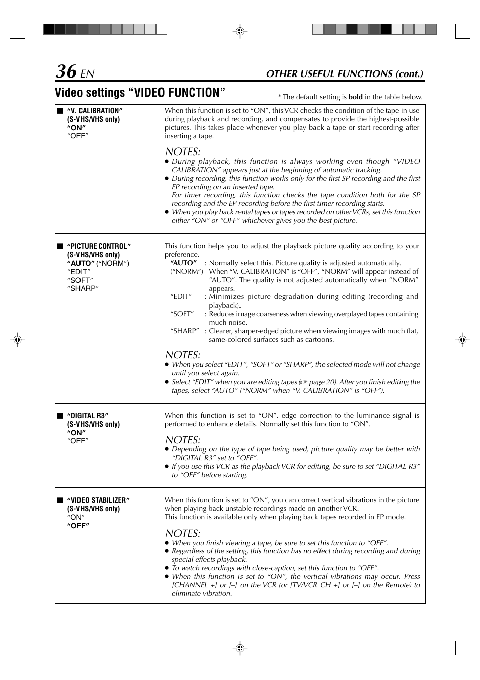 Video settings “video function, Other useful functions (cont.) | JVC SR-VD400E User Manual | Page 36 / 60
