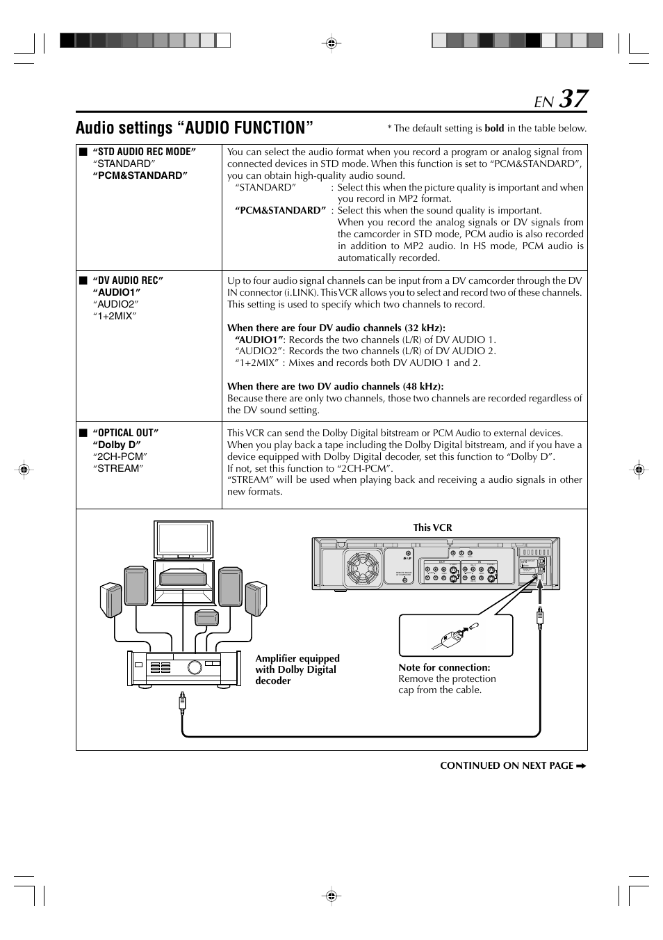 Audio settings “audio function, The default setting is bold in the table below | JVC SR-VD400E User Manual | Page 37 / 60