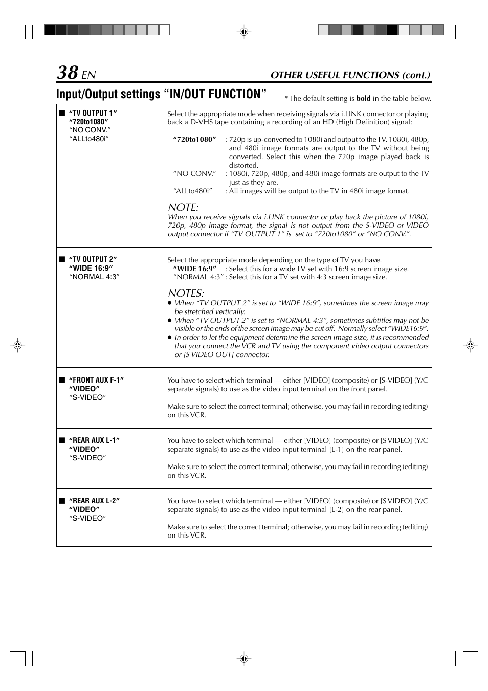 Input/output settings “in/out function, Other useful functions (cont.) | JVC SR-VD400E User Manual | Page 38 / 60