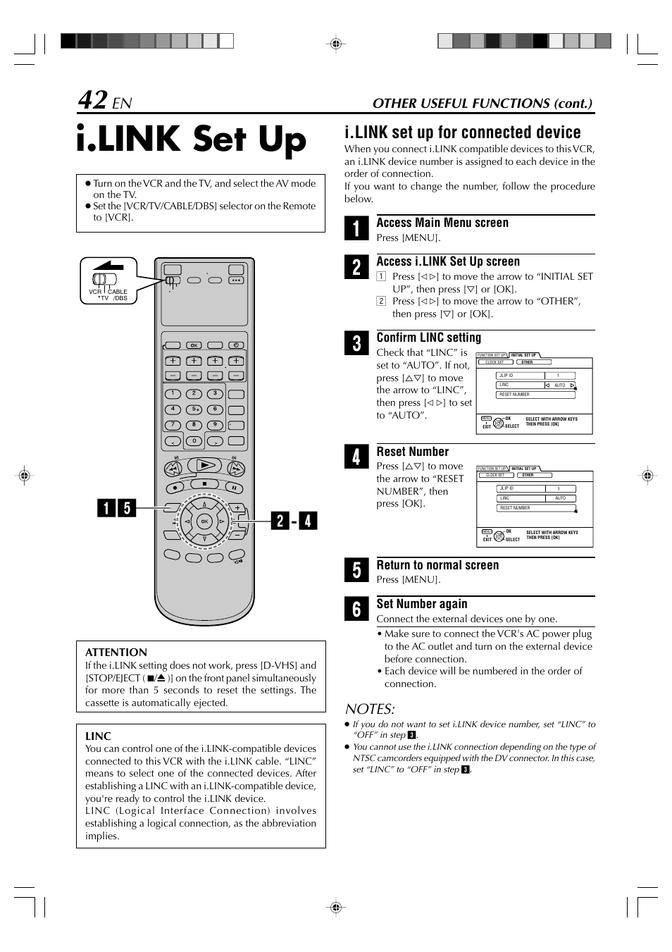 I.link set up, I.link set up for connected device, Other useful functions (cont.) | JVC SR-VD400E User Manual | Page 42 / 60