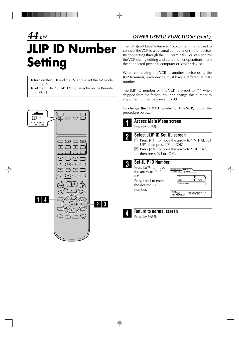 Jlip id number setting, Other useful functions (cont.) | JVC SR-VD400E User Manual | Page 44 / 60