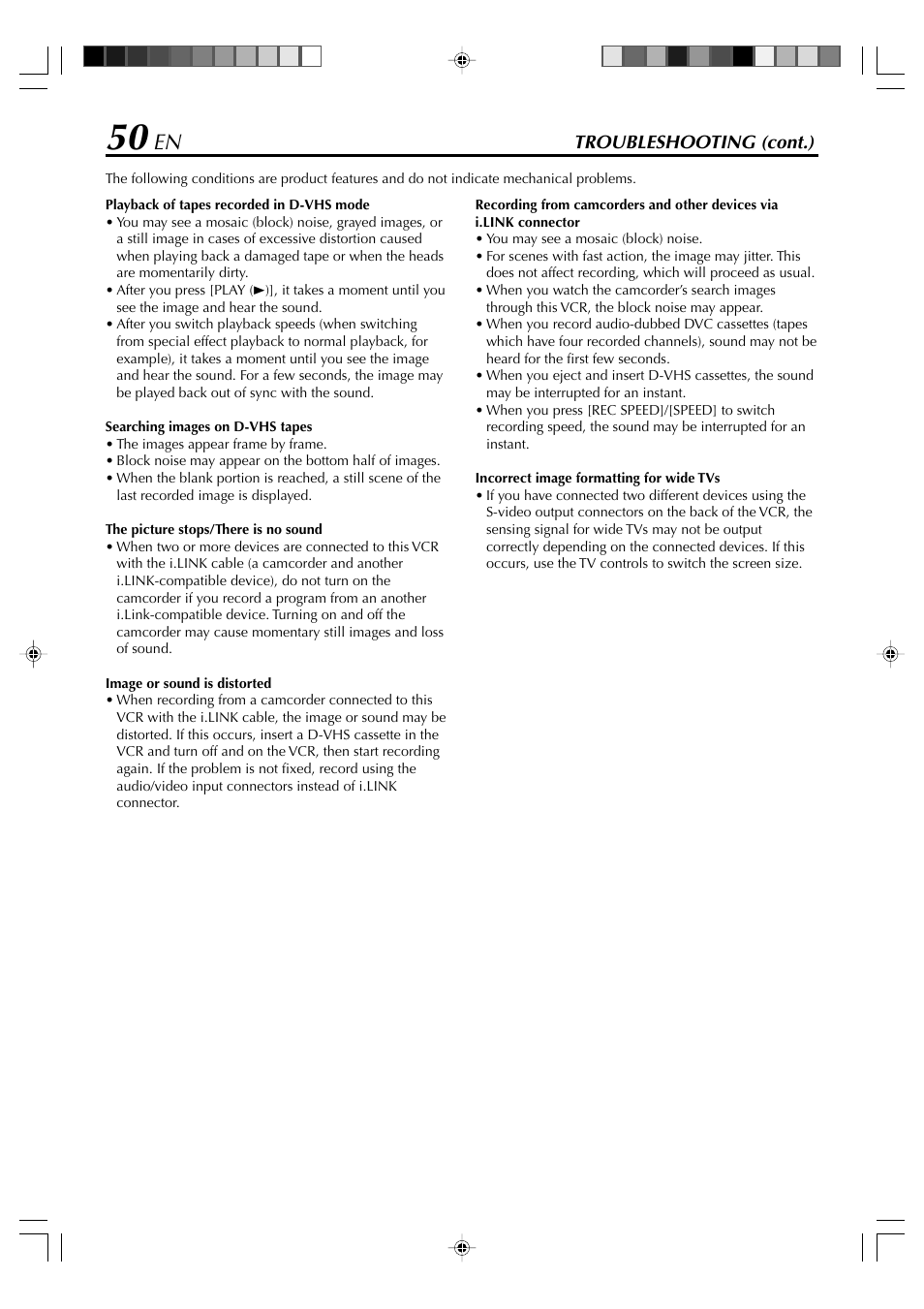 Troubleshooting (cont.) | JVC SR-VD400E User Manual | Page 50 / 60