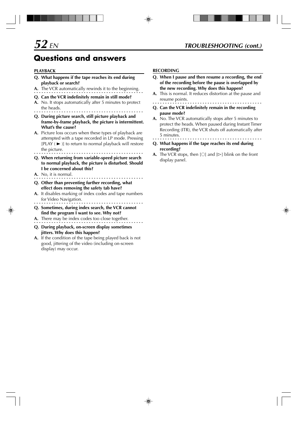 Questions and answers, Troubleshooting (cont.) | JVC SR-VD400E User Manual | Page 52 / 60