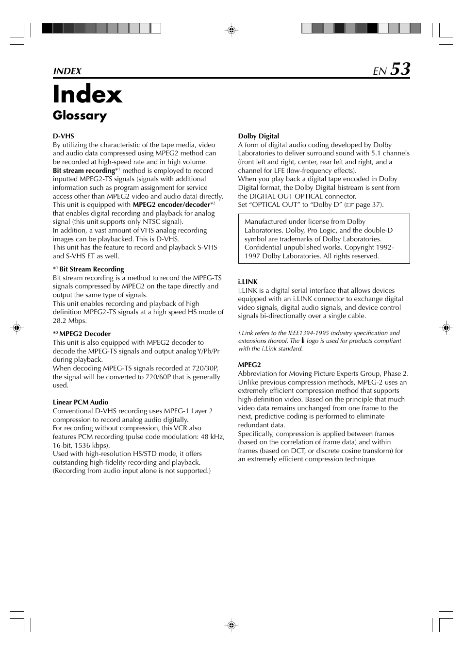 Index, Glossary | JVC SR-VD400E User Manual | Page 53 / 60