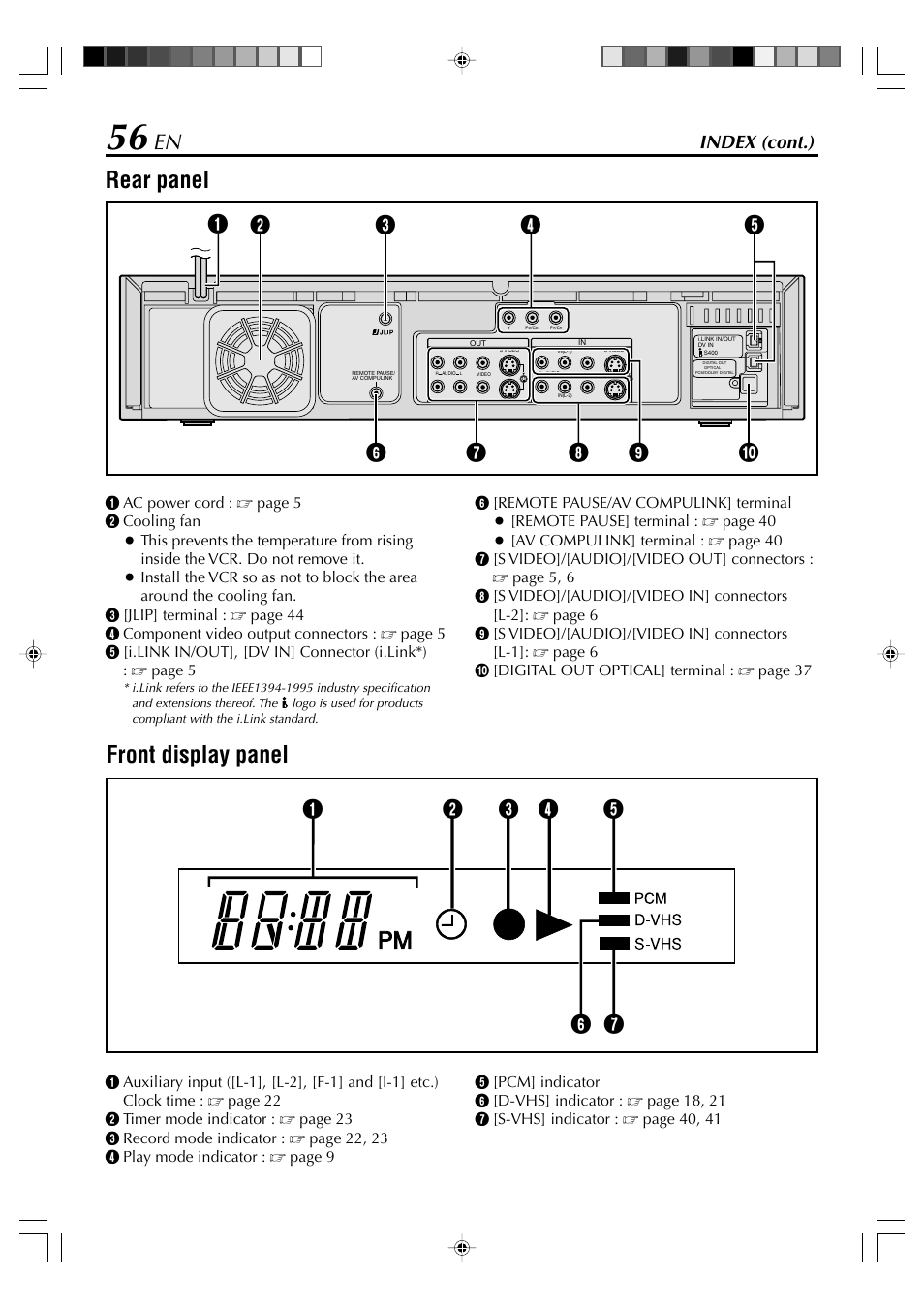 Rear panel, Front display panel, Index (cont.) | JVC SR-VD400E User Manual | Page 56 / 60