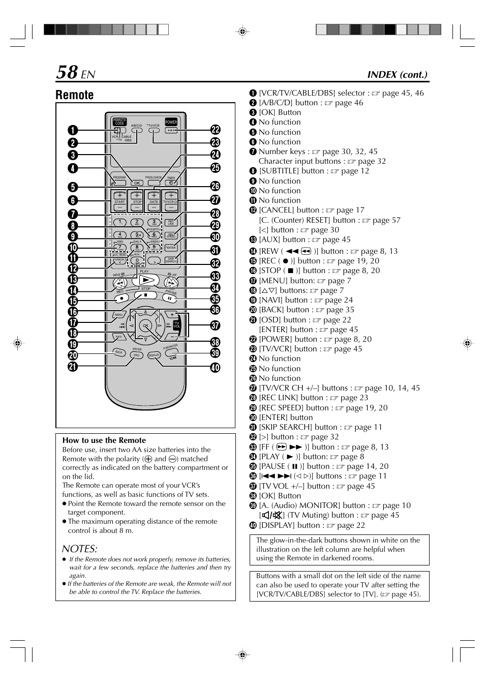 Remote, Index (cont.) | JVC SR-VD400E User Manual | Page 58 / 60